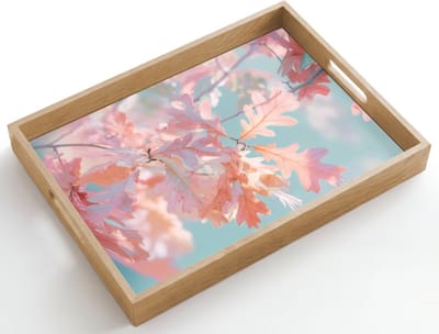 Dienblad hout 50x35 cm - Schootdienblad - Eikenbladeren - Takken - Roze - Borrelplank rechthoek - Plateau dienbladen