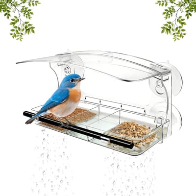 Vogelvoederdispenser, voor ramen, vogelvoederhuis, transparant, acryl, vogelvoederstation met zuignappen, 3 vakken, vogelhuis, raam, met afvoergaten, voederhuis voor vogels, balkon