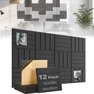 Zelfklevende Akoestische Panelen 12 Stuks - 30x30x0,9 cm 100% Polyester - Hoge NRC-Waarde Van 0,92 Voor Geluidsisolatie - Snelle Installatie Zonder Gereedschap - Voor Studio Thuisbioscoop En Kantoor