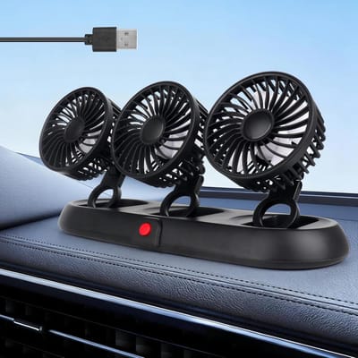 Autoventilator, 5 V, USB, drie koppen, 3 snelheden, 360 graden draaibaar, stille ventilator, draagbare auto-koelluchtventilator met 150 cm lijnlengte voor vrachtwagen, bestelwagen, Suv, Rv