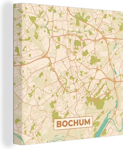 Canvas Schilderij Plattegrond - Bochum - Kaart - Vintage - Stadskaart - 20x20 cm - Wanddecoratie