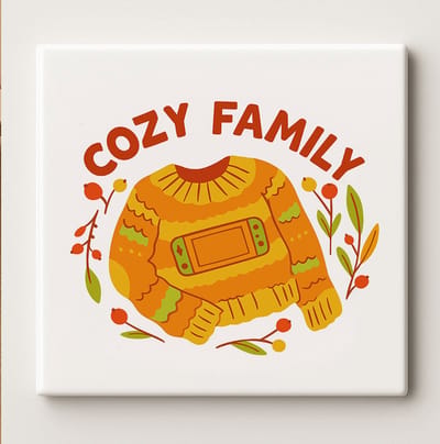 Cozy Family Herfst Tegel 15x15cm – Warme en Schattige Trui Ontwerp, Gezellige Wanddecoratie en Perfect Cadeau voor Huisdecoratie Liefhebbers