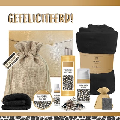 Geschenkset “Gefeliciteerd!” - 8 producten - 1210 gram | Luxe wellness Cadeaubox voor haar - Giftset Feestje - Cadeau Pakket Verjaardag Geslaagd Winnaar Diploma - Happy Birthday - Verjaardagscadeau Vrouw Vriendin - Gift Set Party - Panter Goud Zwart