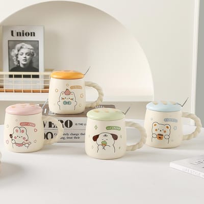 Koffiekop met Lepel Keramiek, Leuke Windbeker met Deksel Hoge Waarde Set Waterbeker Kinder Drinkwaterbeker Keramiek 350ML white