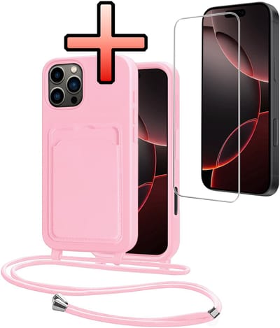 Hoes Geschikt voor iPhone 16 Pro Hoesje Pasjeshouder Cover Met Koord Case Siliconen Hoes Met Telefoonkoord en Kaarthouder Met Screenprotector - Lichtroze