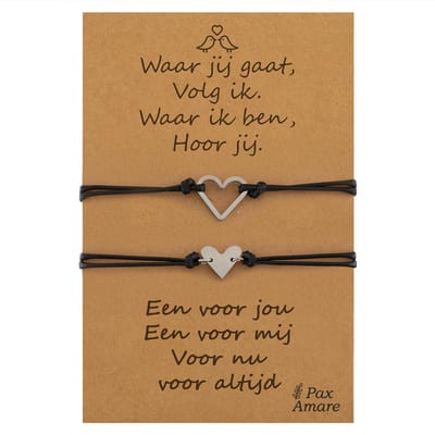 Vriendschapsarmbandjes voor 2 "Waar jij gaat, volg ik" - Leuke Hartjes - BFF Armbandjes met Persoonlijk Cadeau Kaartje - Zilverkleurig - Elastisch Verstelbaar - Pax Amare
