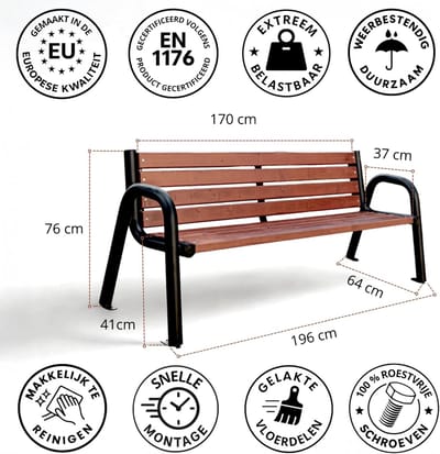 Tuinbank Staal - Parkbank Hout - Buiten Zitten - Dubbele Roestbescherming - 196 cm Lengte - Palissander