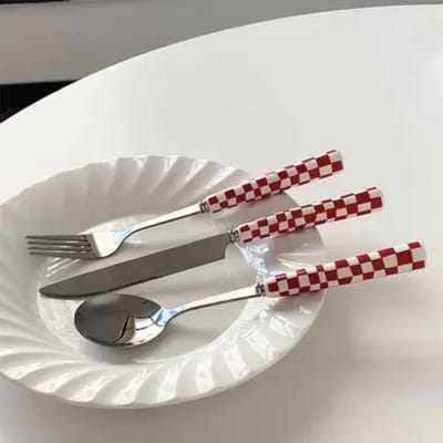 Roestvrijstalen Mes Vork Lepel met Schakbord Keramisch Handvat Keuken Servies Dessert Vork Mes Lepel Tafelgerei Set