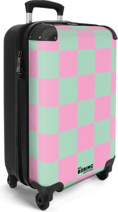 NoBoringSuitcases.com® - Handbagage koffer lichtgewicht - Reiskoffer trolley - Roze met turquoise schaakbord - Rolkoffer op wieltjes - Vakantie reis koffertje volwassenen - Past binnen 55x40x20 en 55x35x25
