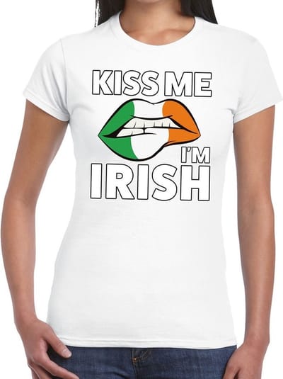 Kiss me I am Irish t-shirt wit dames - feest shirts dames - Ierland kleding XS