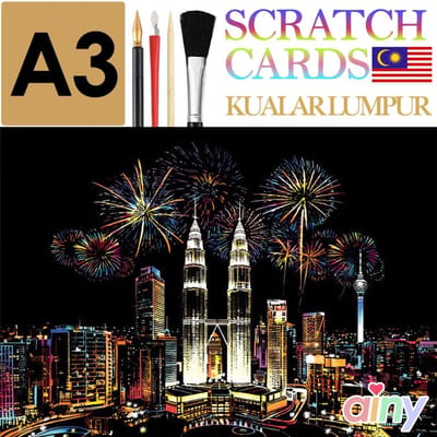 Ainy - Scratch Art Kuala Lumpur (A3) | DIY kras tekeningen incl. gereedschappen | Schilderen op kleuren kunst kraskaart | hobby & creatief voor volwassenen en kinderen ( meisjes ) | Knutselen - ontspanningspakket | Schilderijen set nummer 13