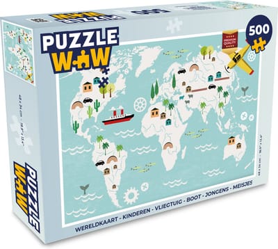 Puzzel Wereldkaart - Kinderen - Vliegtuig - Boot - Jongens - Meisjes - Legpuzzel - Puzzel 500 stukjes