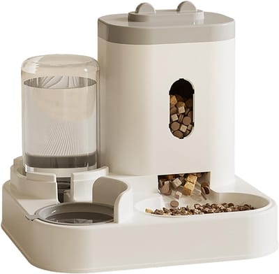 Daity Een automatische voer- en waterdispenser voor huisdieren, bestaande uit een voerbak van 2300 ml en een watertank van 1000 ml (grijs).