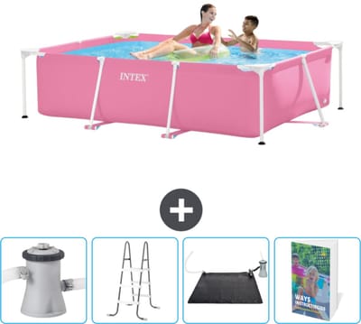 Intex Rechthoekig Frame Zwembad - 220 x 150 x 60 cm - Roze - Inclusief Zwembadfilterpomp - Ladder - Solar Mat - Zwembadgids