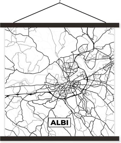 Posterhanger incl. Poster 60x60 cm - Schoolplaat - Plattegrond - Albi - Kaart - Frankrijk - Stadskaart - Zwart wit - Textielposter - Zwarte latten - Stadskaart