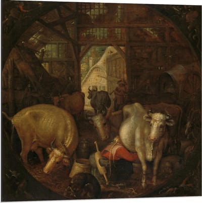 Dibond - Oude meesters - Koeien in stal; Heksen in de hoeken, Roelant Savery - 80x80cm Foto op Aluminium (Met Ophangsysteem)