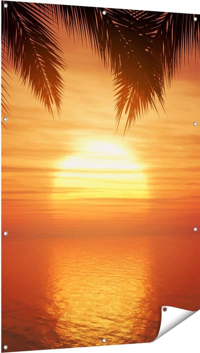 Gards Tuinposter Zonsondergang op het Strand met Palmbomen - 100x150 cm - Tuindoek - Tuindecoratie - Wanddecoratie buiten - Tuinschilderij