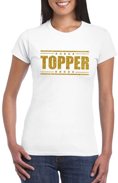 Wit Topper shirt in gouden glitter letters dames - Toppers dresscode kleding S
