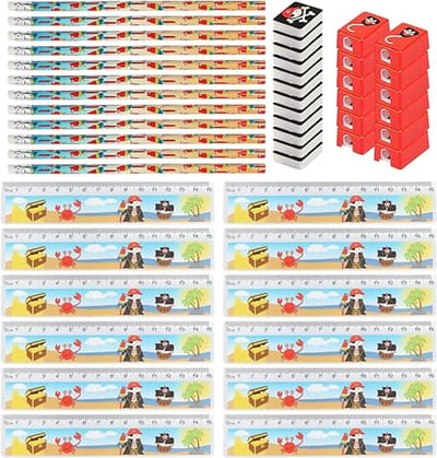 Famanu 48-delige kinderschrijfset piraat - schoolbenodigdheden met potlood, liniaal, puntenslijper en gum voor 12 kinderen - feestpakket als cadeau voor een kinderverjaardag (48-delig - Piraat)