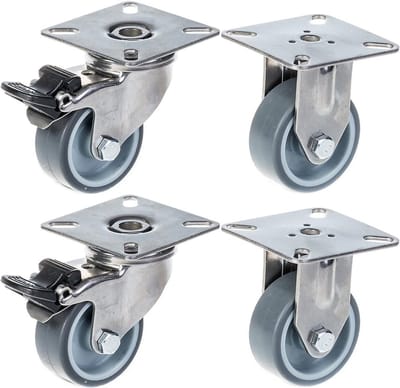 50 mm (2") roestvrijstalen zwenkwielen met grijs rubber, met rem en vastzetfunctie, 160 kg, set van 4