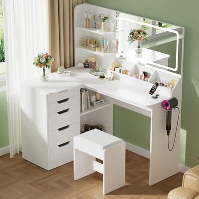 Devoko Hoekkaptafel met Spiegel en LED Verlichting - L-vormige Make-up Tafel met 2 Stopcontacten, USB en USB-C - 5 Lades, Kruk en Föhnhouder - 120x80x136 cm - Wit