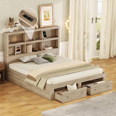 DESMIU Tweepersoonsbed 160x200 cm – Hoofdbord Met Opbergvakken En Usb Oplaadfunctie – Met 2 Laden – Voor Slaapkamer – Spaanplaat – Naturel – Zonder Matras