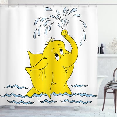 ABAKUHAUS dierendouchegordijn, cartoon olifantenwater, stof stof badkamerdecoratieset met haken, 175x180cm, geel lichtblauw