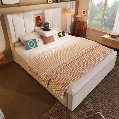 MODENUIT Gestoffeerd bed 90x200 cm – Hoofdbord met bekerhouder en laadstation – Hydraulische opbergruimte – Zonder matras – Beige