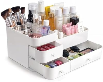 PromoHome Witte Make-up Organizer - Grote Cosmetische Display Case met Meerdere Compartimenten en 3 Lades voor Nagellak, Lippenstift, Oogschaduw, Kwasten, Parfum en Huidverzorgingsproducten