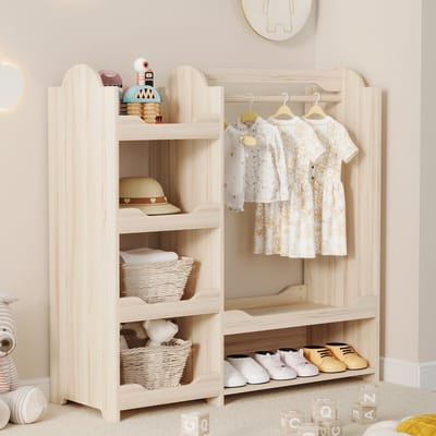 Kledingkast kinderkamer - Kledingkast - 110x39x110 cm - kledingstang - 4 Legplanken - Houtnerf - Garderobekast - Lichtgewicht Praktisch - Natuurlijke houtkleur