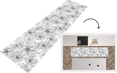 Keukenloper - Loper keuken - Bloemen - Zwart - Wit - Design - 200x50 cm - Keukenloper vinyl