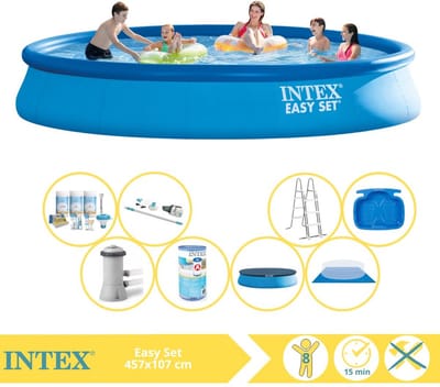 Intex Easy Set Zwembad - Opblaaszwembad - 457x107 cm - Inclusief Onderhoudspakket, Filter, Stofzuiger en Voetenbad