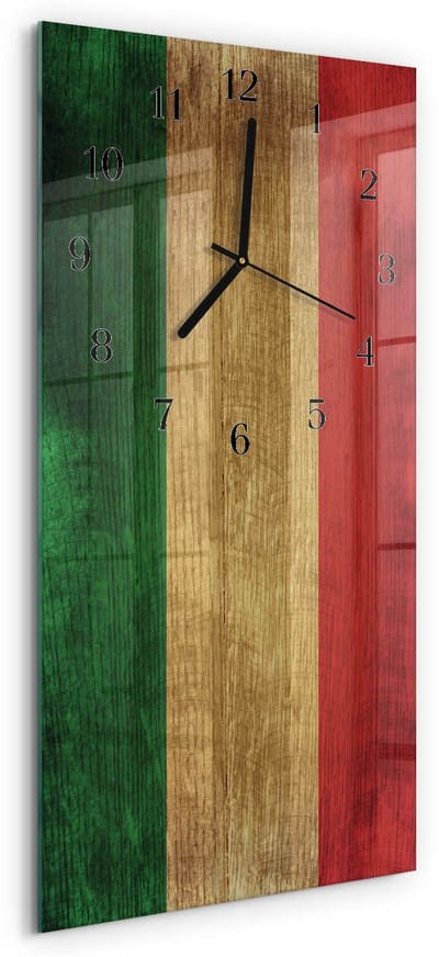 Tulup Wandklok - Italiaanse vlag Moderne Wandklok Glas - 30x60 cm - Veelkleurig Wandklok Glas Decoratie - Zwarte Handen - Rechthoekige Wandklok - Gekleurde Glazen Klok - Glazen Klok Met Print