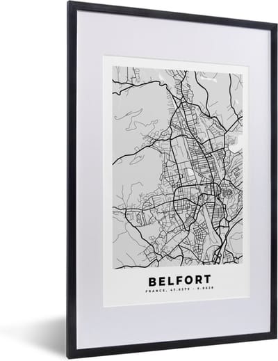 Fotolijst incl. Poster - Frankrijk – Belfort – Stadskaart – Plattegrond – Kaart - 40x60 cm - Posterlijst