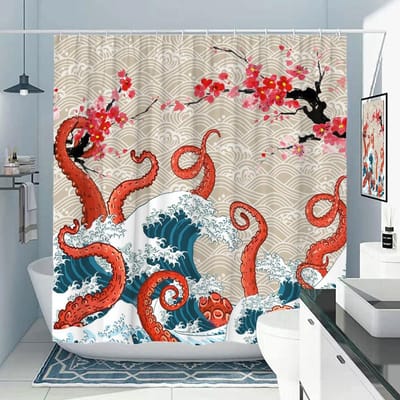 Octopus Douchegordijn Nautisch Oceaan Zeeschildpad Strand Kust Blauw Vis Schelp Kwal Stof Badgordijnen Badkamerdecor 120x180cm-47x70in red