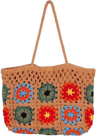 Handtas Beige - Granny Squares Groen/Rood/Oranje/Blauw - Handgemaakt & Magneetsluiting - B-35cm x H-25(48)cm
