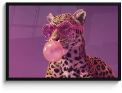Poster in lijst - Fotolijst 90x60 cm - Posters - Panter - Zonnebril - Kauwgombel - Roze - Posterlijst zwart - Decoratie - Wanddecoratie woonkamer - Muurdecoratie slaapkamer