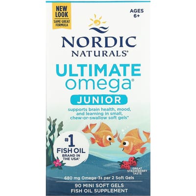 Ultimate Omega Junior, Leeftijd 6+, Aardbeiensmaak, 90 Mini Softgels (340mg/Softgel)