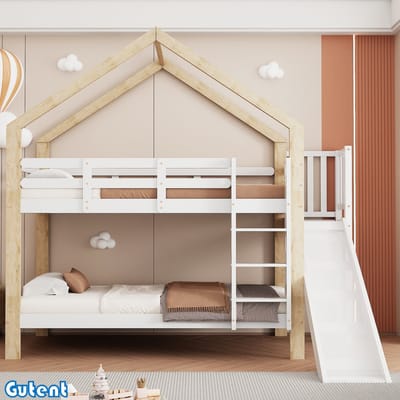 Gutent Kinderstapelbed - met Glijbaan en 3-staps schuine ladder - met relingen - massief houten frame - Wit + Naturel - 90x200 cm - Geen matras