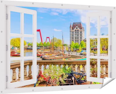 Gards Tuinposter Doorkijk Kleurrijke Oude Haven in Rotterdam - 180x120 cm - Tuindoek - Tuindecoratie - Wanddecoratie buiten - Tuinschilderij