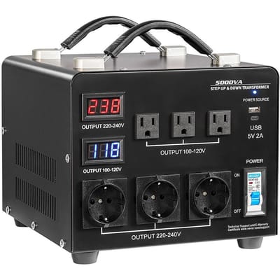 Spanning Automatische Converter Transformator, 5000VA, Heavy Duty Stap Omhoog/Omlaag Stroomtransformator, 110V naar 220V en 220V naar 110V, met 3 Amerikaanse Stopcontacten, 3 EU Stopcontacten,