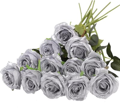 Set van 12 Kunst Rozen Zilver - 52CM - Realistisch - Roos Boeket - Bloemen