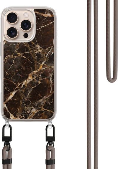 Casimoda® hoesje met koord - Geschikt voor iPhone 16 Pro Max - Marmer Bruin - Afneembaar koord - TPU/polycarbonaat - Bruin/beige