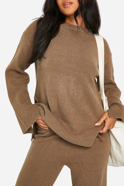 boohoo Dames Petite zachte gebreide trui en uitlopende broeken co-ord | Taupe | Maat: Large