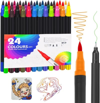 PromoHome 24-delige dubbele punt viltstiften set - Flexibele penseelstift en fijne fineliner voor kleuren, tekenen, handlettering, journaling en scrapbooking - Veilige waterbasis inkt voor kinderen en volwassenen