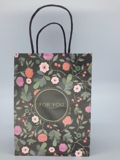Giftbag, 12 stuks, 15*8*21, "For You", Bloemen, zwart papieren zakjes, gedraaid Handvat, Cadeauzakjes, Traktatie, Bruiloft