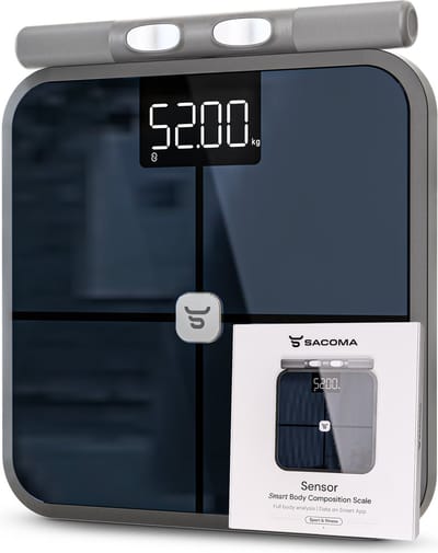 Sacoma Sensor Weegschaal Personenweegschaal Digitaal - Slimme Weegschalen met 28x Lichaamsanalyse - Incl. Sacoma App en Handvat
