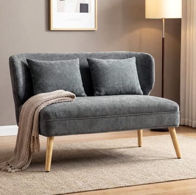 OKWISH Zitbank 117 Cm - 2-Zits Bank Met Wingback Rugleuning En Dikke Zitting - Voor Kleine Ruimtes - Hout En Chenille - Grijs