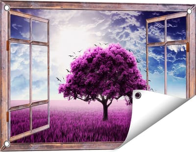 Gards Tuinposter Doorkijk Paarse Boom in het Paars Veld met Vogels - 60x40 cm - Tuindoek - Tuindecoratie - Wanddecoratie buiten - Tuinschilderij
