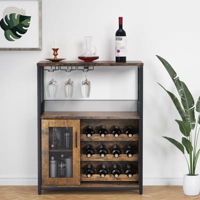 Industrieel Barmeubel met Wijnrek & Glazenhouder - Wijnkast / Dressoir met Gaasdeuren - Hout en Metaal - 69x35x92 cm